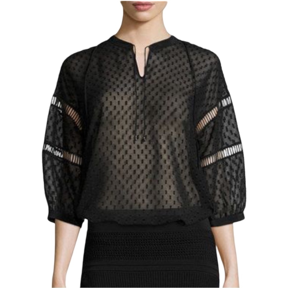 OHNE TITLE Sheer Swiss Dot Loose Fit Black Blouse Tie Neck 3/4 Sleeves Size 6
